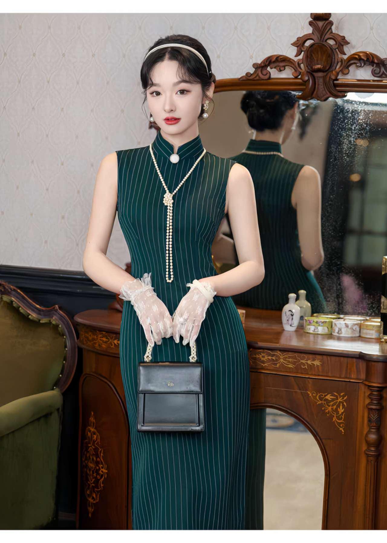 Vestido Qipao Verde Oscuro, Cheongsam Sin Mangas, Vestido Chino Retro a Rayas, Elegante Qipao para Oficina, Vestido Oriental Minimalista