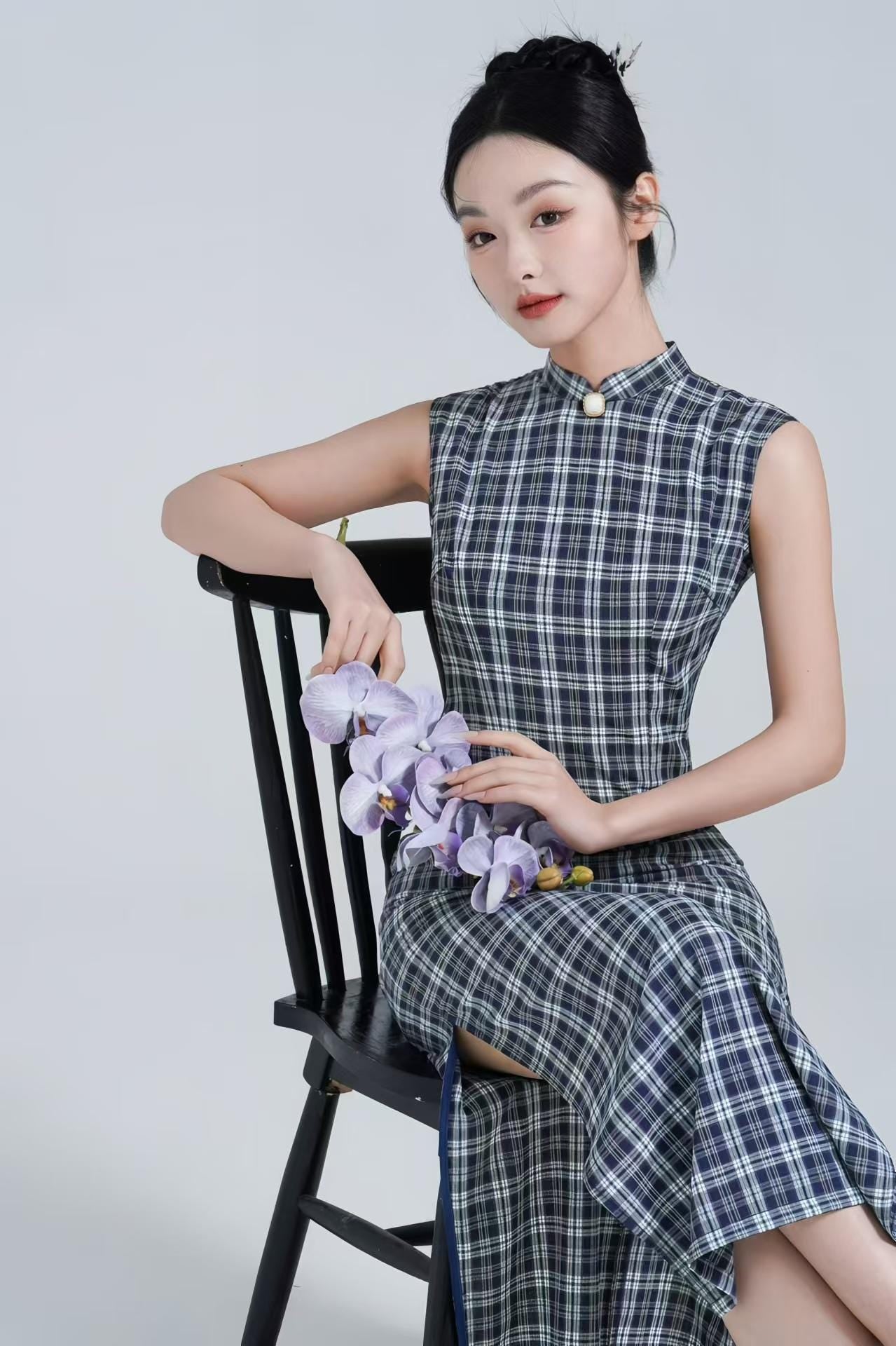 Vestido Qipao de Algodón a Cuadros, Vestido Largo Cheongsam a Rayas, Vestido Casual Chino de Verano, Conjunto Vintage Oriental, Vestido Tang