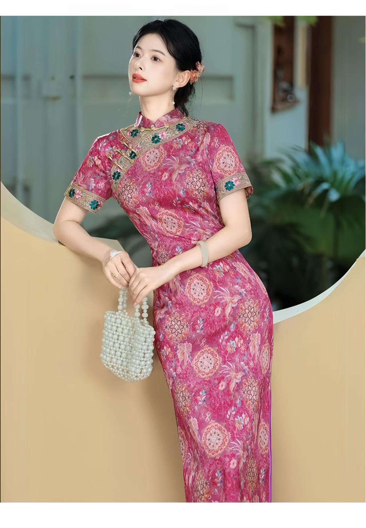 Qipao Jacquard,Vestido Cheongsam,Vestido Étnico Bordado, Maxi Qipao Artístico Azul Verde,Vestido Formal Tradicional Asiático,Vestido de Lujo
