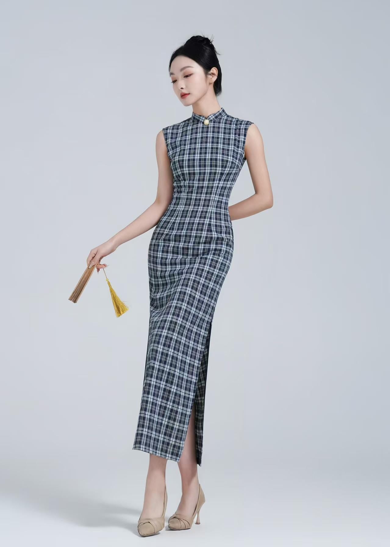 Vestido Qipao de Algodón a Cuadros, Vestido Largo Cheongsam a Rayas, Vestido Casual Chino de Verano, Conjunto Vintage Oriental, Vestido Tang
