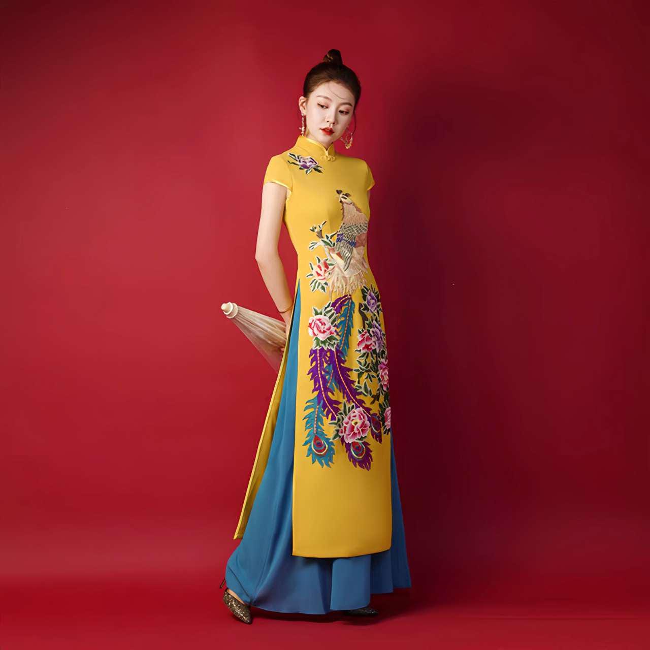 Vestido Ao Dai Qipao, Vestido Cheongsam Oriental, Vestido Bordado Pavo Real, Vestido de Noche Vintage Asiático, Vestido Estilo Vietnamita