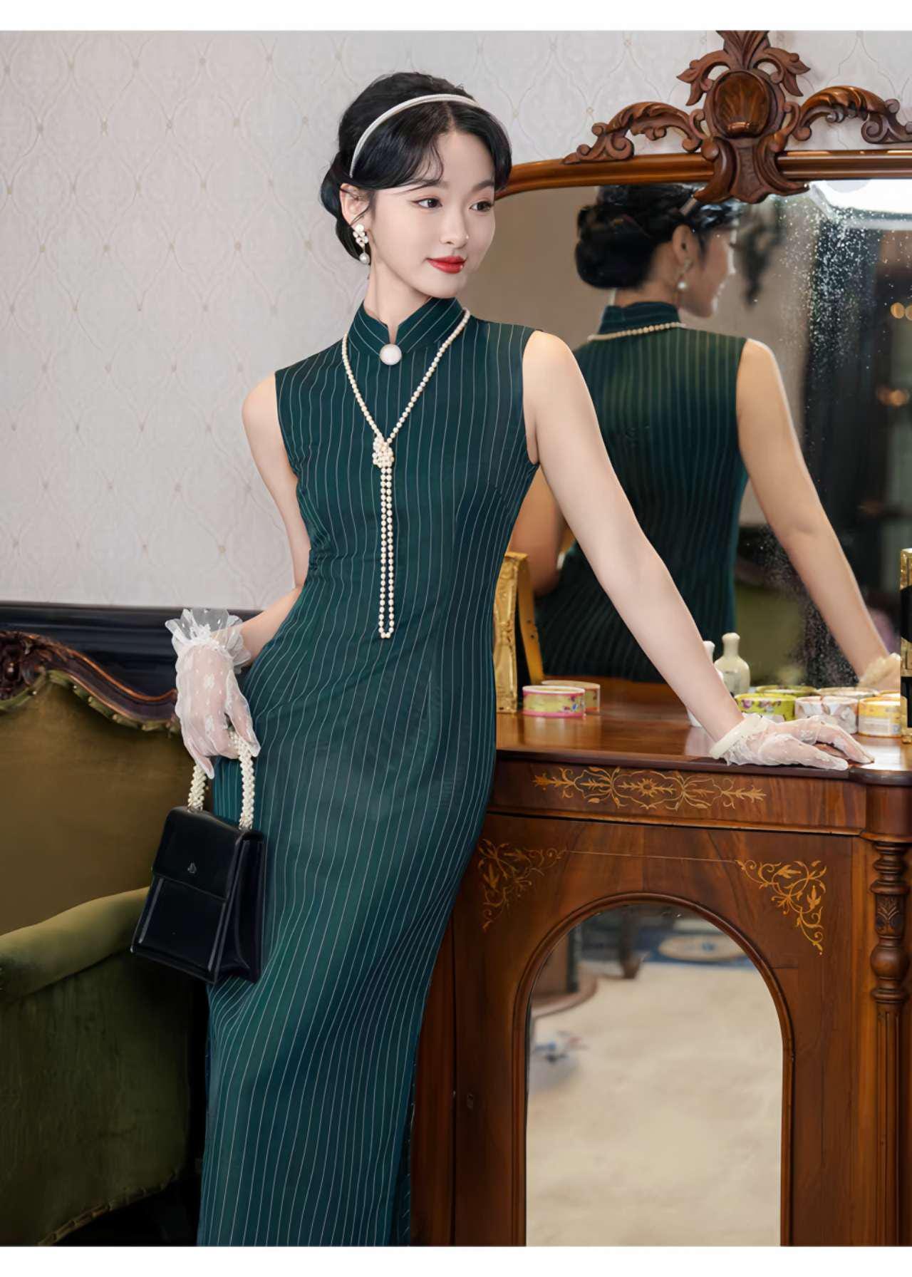 Vestido Qipao Verde Oscuro, Cheongsam Sin Mangas, Vestido Chino Retro a Rayas, Elegante Qipao para Oficina, Vestido Oriental Minimalista