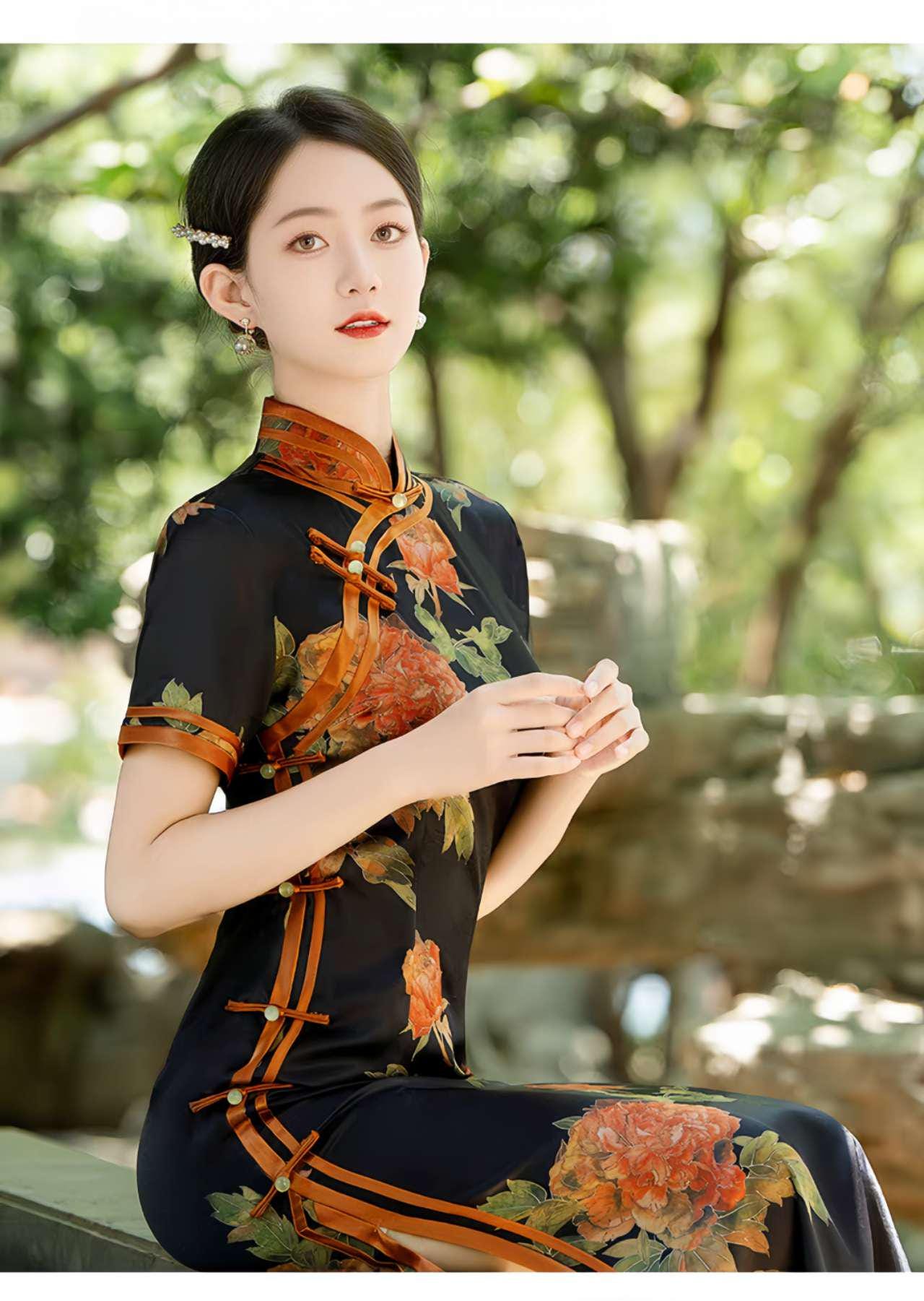 Qipao floral de satén negro, Cheongsam de Estilo Clásico, Vestido de Verano, Vestido Oriental Floral, Vestido de Invitada de Boda Asiática