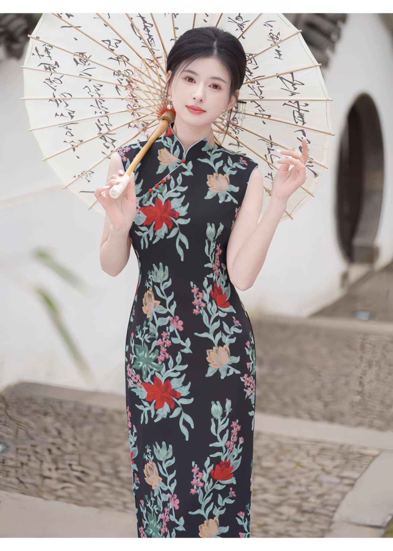 Qipao Floral Negro, Vestido Cheongsam Retro, Elegante Vestido de Noche, Vestido de Verano, Traje de Boda Cultural, Vestido Vintage para Té