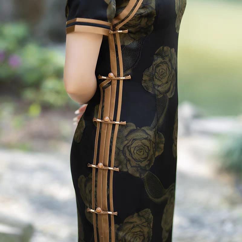 Cheongsam Clásico de Seda, Vestido Qipao Negro, Vestido Chino Vintage, Qipao con Diseño de Rosas, Vestido Tradicional, tallas grandes M-5XL