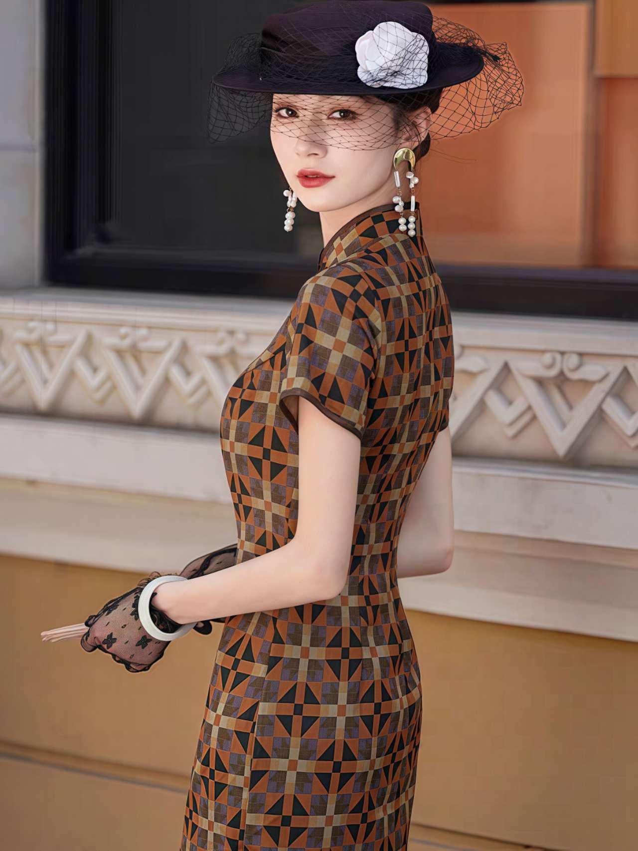 Vestido Qipao Vintage,Vestido Cheongsam Retro,Vestido de Raso Chino,Qipao Estilo Años 20,Cheongsam Estampado Geométrico,Vestido Chino Gatsby
