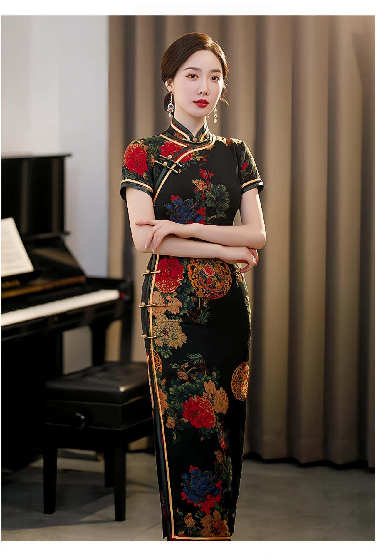 qipao elegante negro, vestido vintage oriental, ropa cheongsam fiesta, Vestido Vintage Elegante para Té, regalo madre elegante, retro, M-4XL