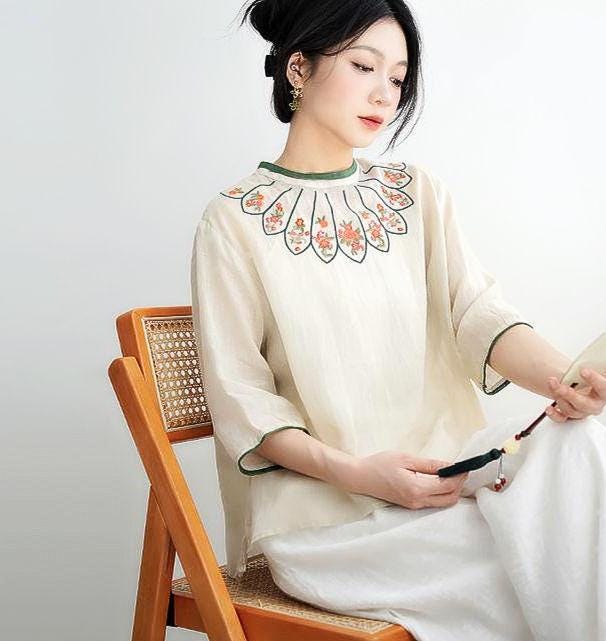 Vintage Ethnic Floral Shirt - Folk Embroidery Cotton Linen Tunic - Chinese Folk Art Inspired Women's Blouse