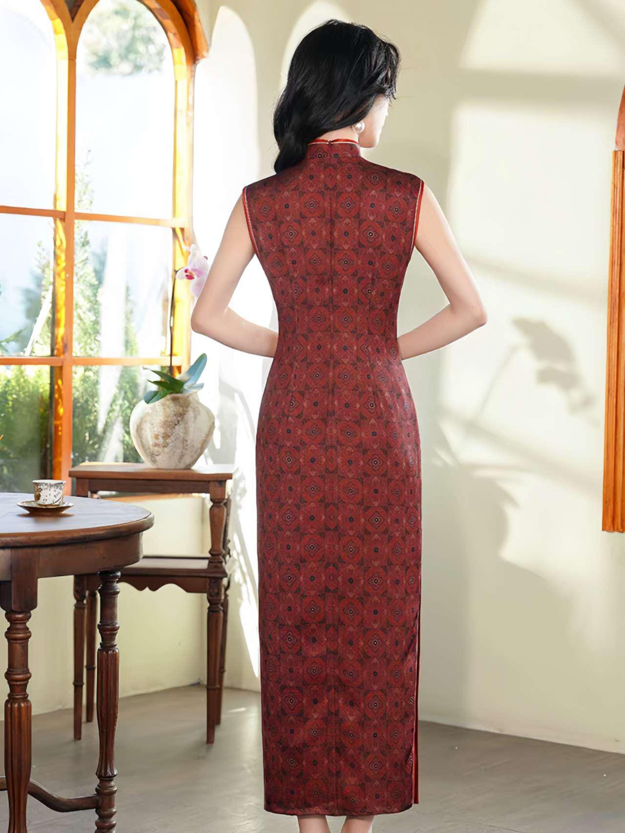 Vestido Qipao rojo, Cheongsam retro, Elegante vestido chino, Traje oriental vintage, Moda asiática tradicional,Vestido para Ceremonia del Té