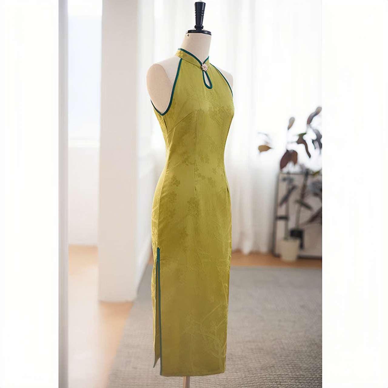 Qipao Verde Halter, Vestido de Brocado Floral Cheongsam, Vestido Chino de Verano, Traje de Invitada de Boda,Vestido Vintage Elegante para Té