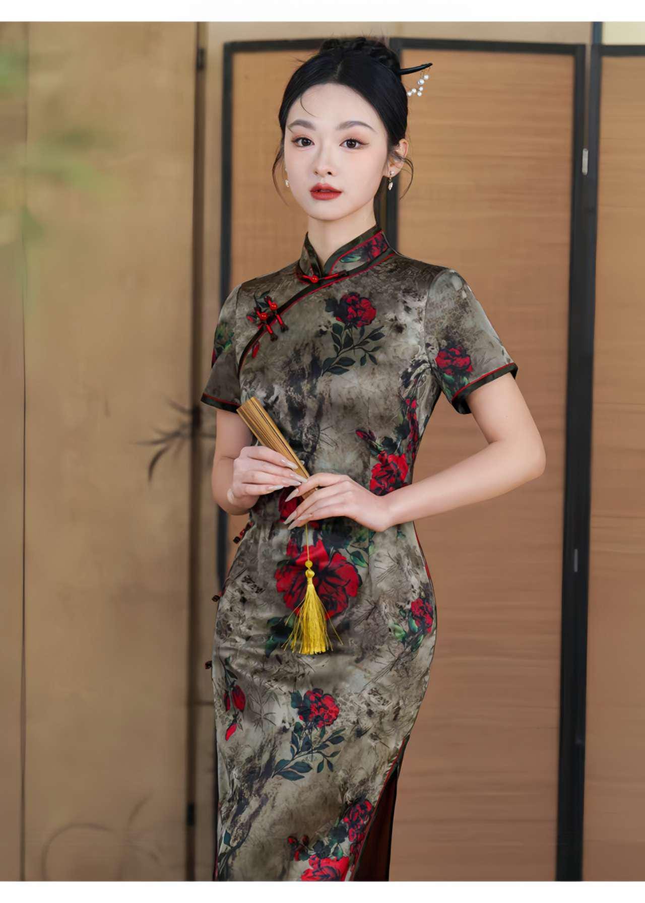 Qipao Rosa Vintage, Elegante Cheongsam Jacquard, Vestido Retro Chino, tallas grandes M-4XL,Vestido para Ceremonia del Té,Regalo para ella