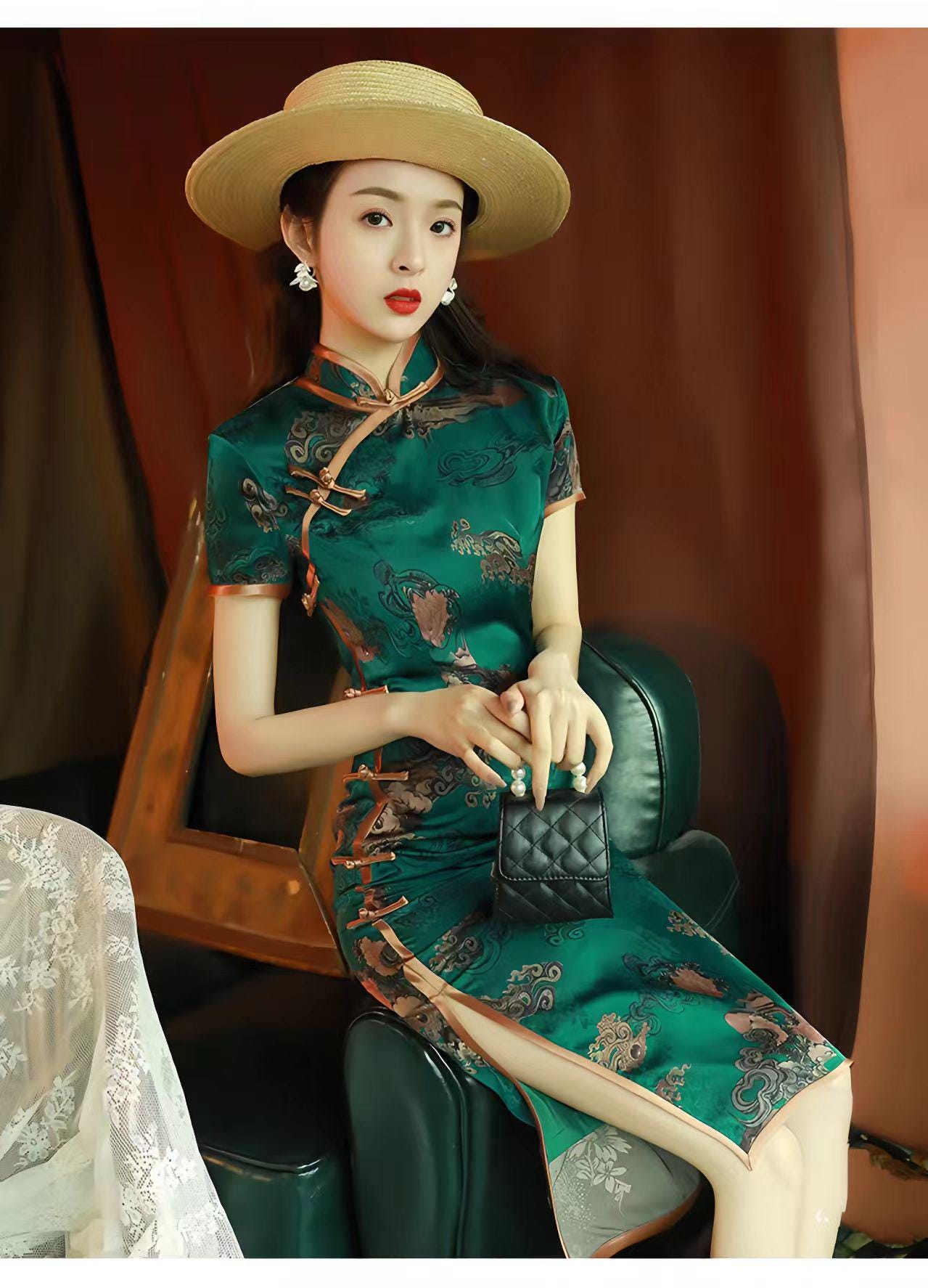 Qipao Verde Oscuro, Vestido de Brocado Cheongsam, Vestido Chino Vintage, Qipao Clásico Floral, Traje Formal Asiático, Moda Retro China S-4XL