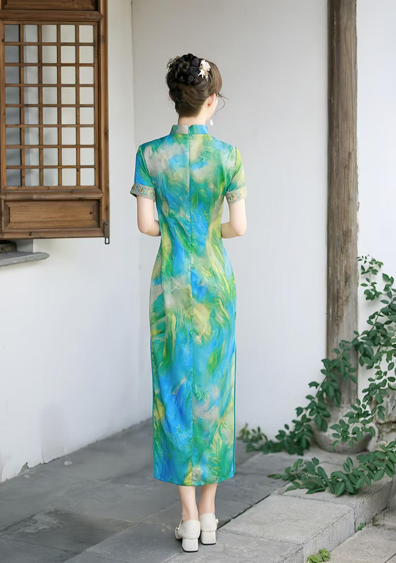 Qipao Jacquard,Vestido Cheongsam,Vestido Étnico Bordado, Maxi Qipao Artístico Azul Verde,Vestido Formal Tradicional Asiático,Vestido de Lujo