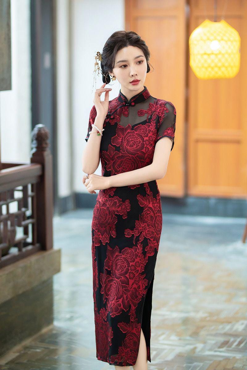 Vestido Qipao de encaje azul – Cheongsam con hombros transparentes – Vestido floral de fiesta – Tallas grandes M-5XL