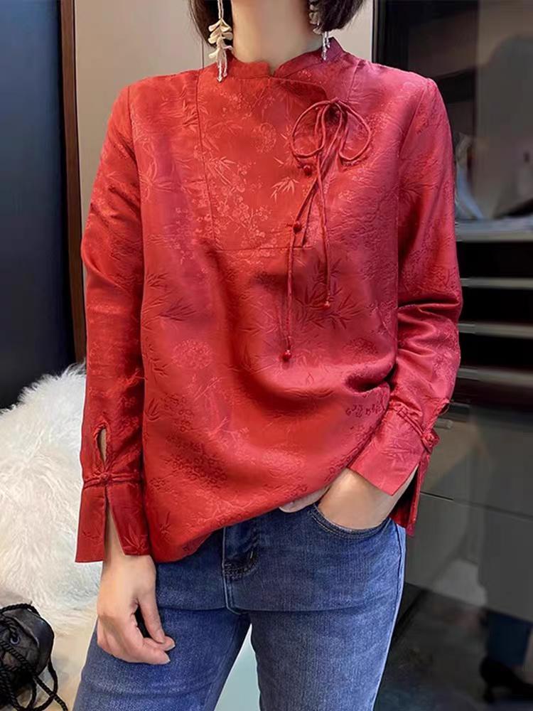 Top Chino Rojo, Camisa Vintage de Botones de Rana,Estilo Retro Tang Suit,Blusa Año Nuevo Lunar,Camisa Roja Tradicional, Ropa China de Fiesta