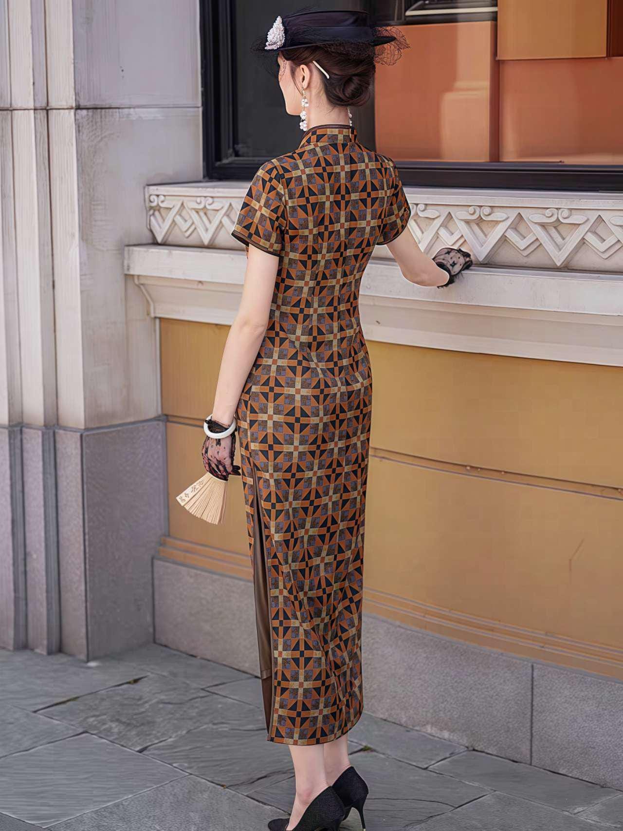 Vestido Qipao Vintage,Vestido Cheongsam Retro,Vestido de Raso Chino,Qipao Estilo Años 20,Cheongsam Estampado Geométrico,Vestido Chino Gatsby