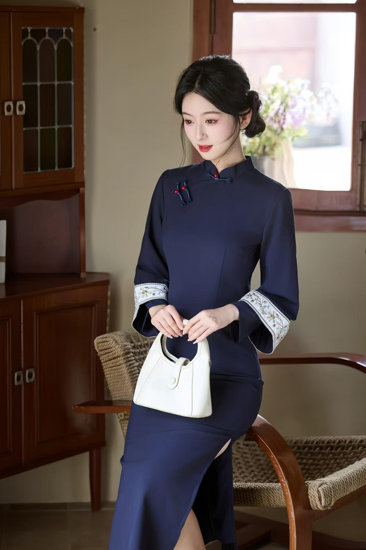 Vestido Qipao Otoño, Vestido Cheongsam Azul Marino, Vestido Chino Manga Larga, Elegante Conjunto Midi Tang, Vestido Oriental Lino Tencel
