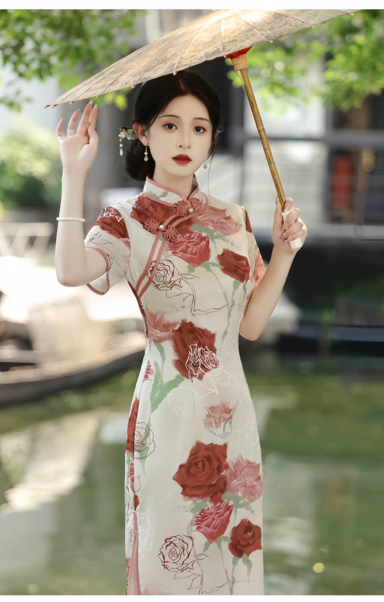 Qipao Estilo Francés, Cheongsam Rosa Floral,Vestido Romántico de Jardín, Qipao de Satén Brocado, Vestido Artístico Femenino,regalo para ella