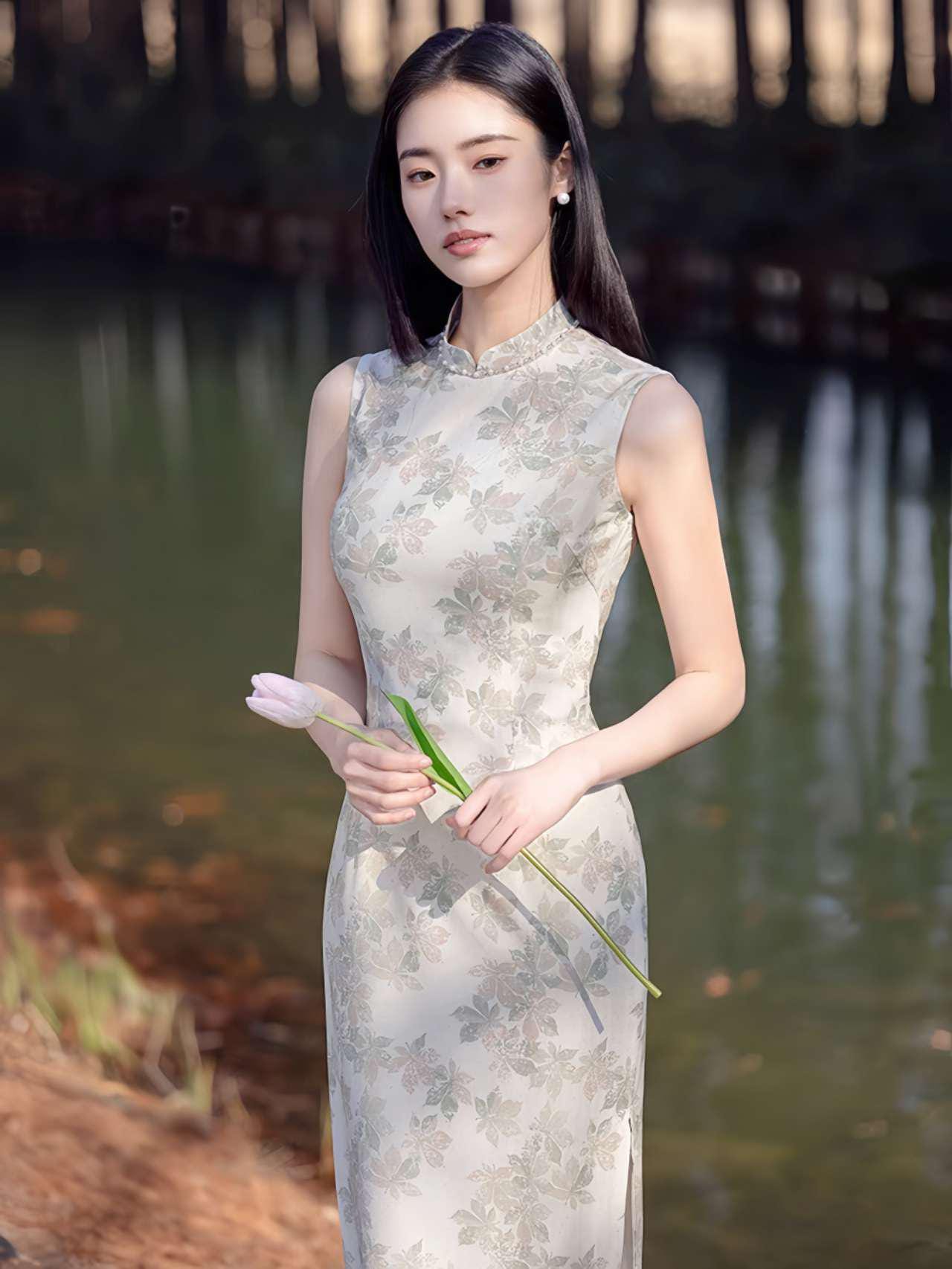 Vestido Qipao de Lino, Cheongsam Floral,Vestido Chino Beige Claro, Vestido Retro de Verano, Vestido para la Fiesta del Té,regalo para ella