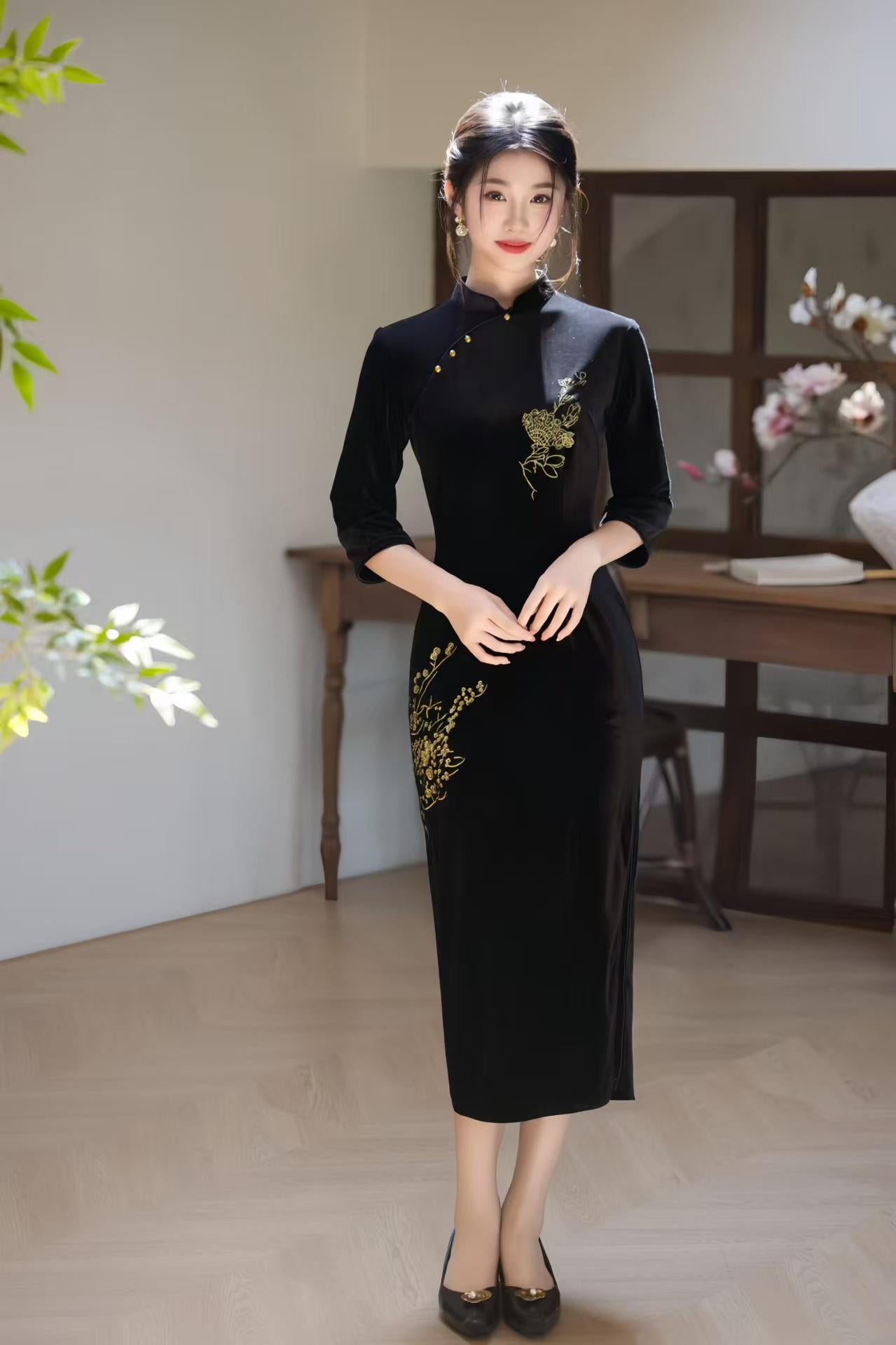 Velvet Embroidered Qipao Dress, Black Cheongsam with Gold Floral Embroidery, Elegant Oriental Midi Dress, Luxury Autumn Chinese Dress