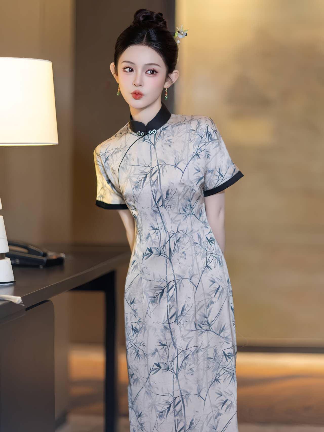 Cheongsam blanco de bambú,Qipao floral de bambú,Vestido estilo acuarela, Traje formal asiático, Vestido retro chino,Vestido Vintage para Té