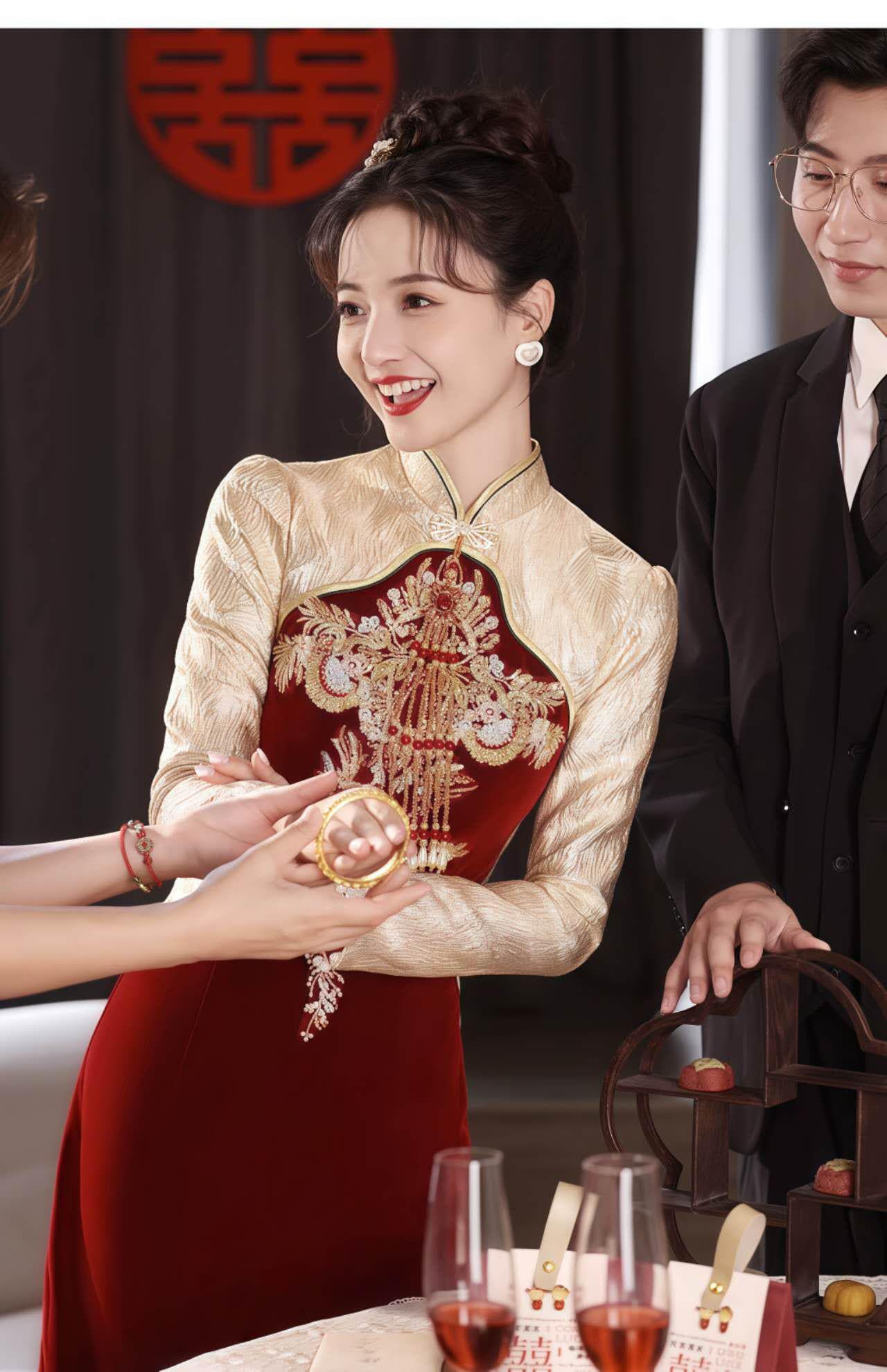 Qipao Rojo Vino, Vestido de Novia Cheongsam, Vestido Tradicional para la Ceremonia del Té, Vestido de Compromiso Chino,Traje Formal Asiático