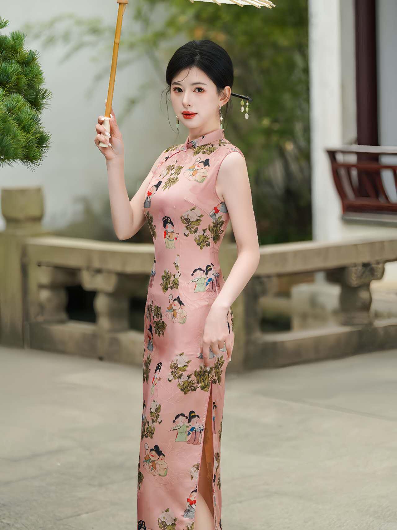 Cheongsam Rosa, Qipao Vintage Lady Print, Vestido Cultural Chino, Qipao Inspirado en Hanfu, Vestido para Ceremonia del Té, regalo para ella