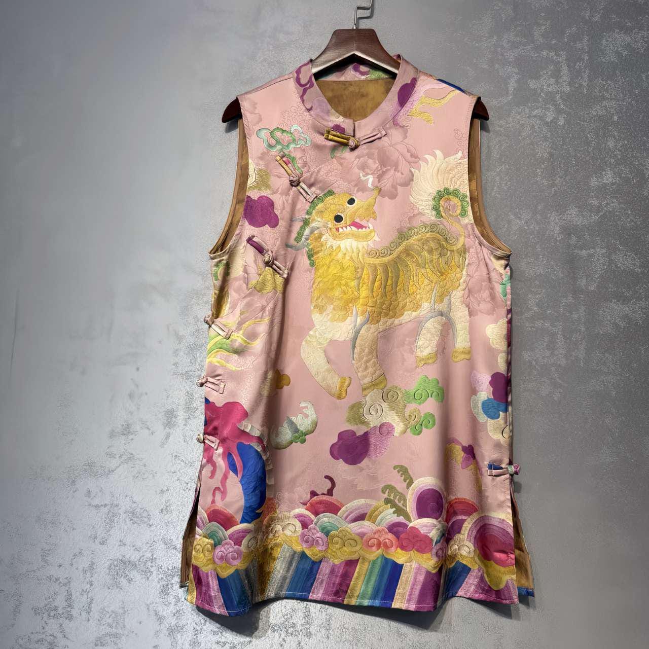 Top de Seda Qilin, Chaleco Bestia Mítica, AoDai Dinero Viejo, Blusa Vintage, Regalo Único para Ella,Trabajo diario/Ceremonia del té,vintage