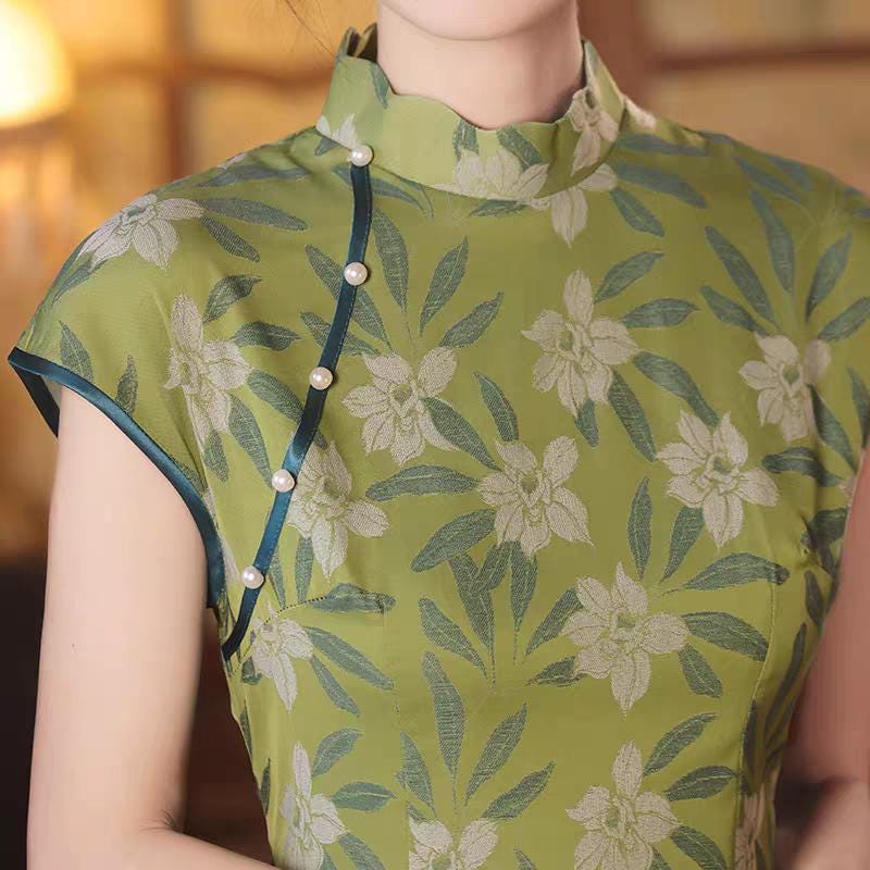Vestido Qipao Brocado Floral, Cheongsam Chino Verde, Elegante Vestido, Vestido de Té Retro, Qipao Primavera Verano, Qipao Invitada de Boda