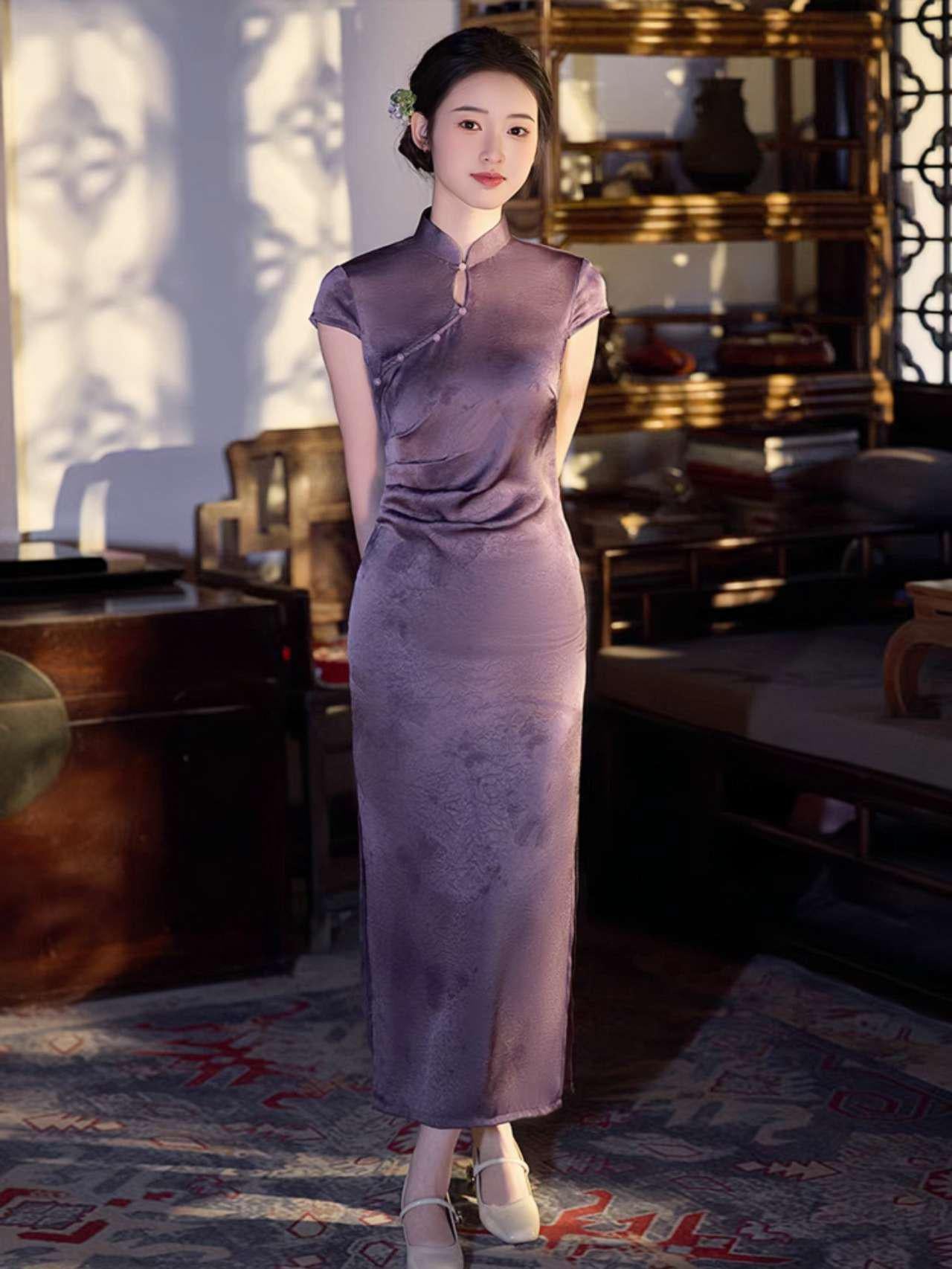 Qipao púrpura, vestido chino cheongsam vintage, vestido antiguo estilo Shangai, vestido retro de cóctel,Vestido Vintage Elegante para Té