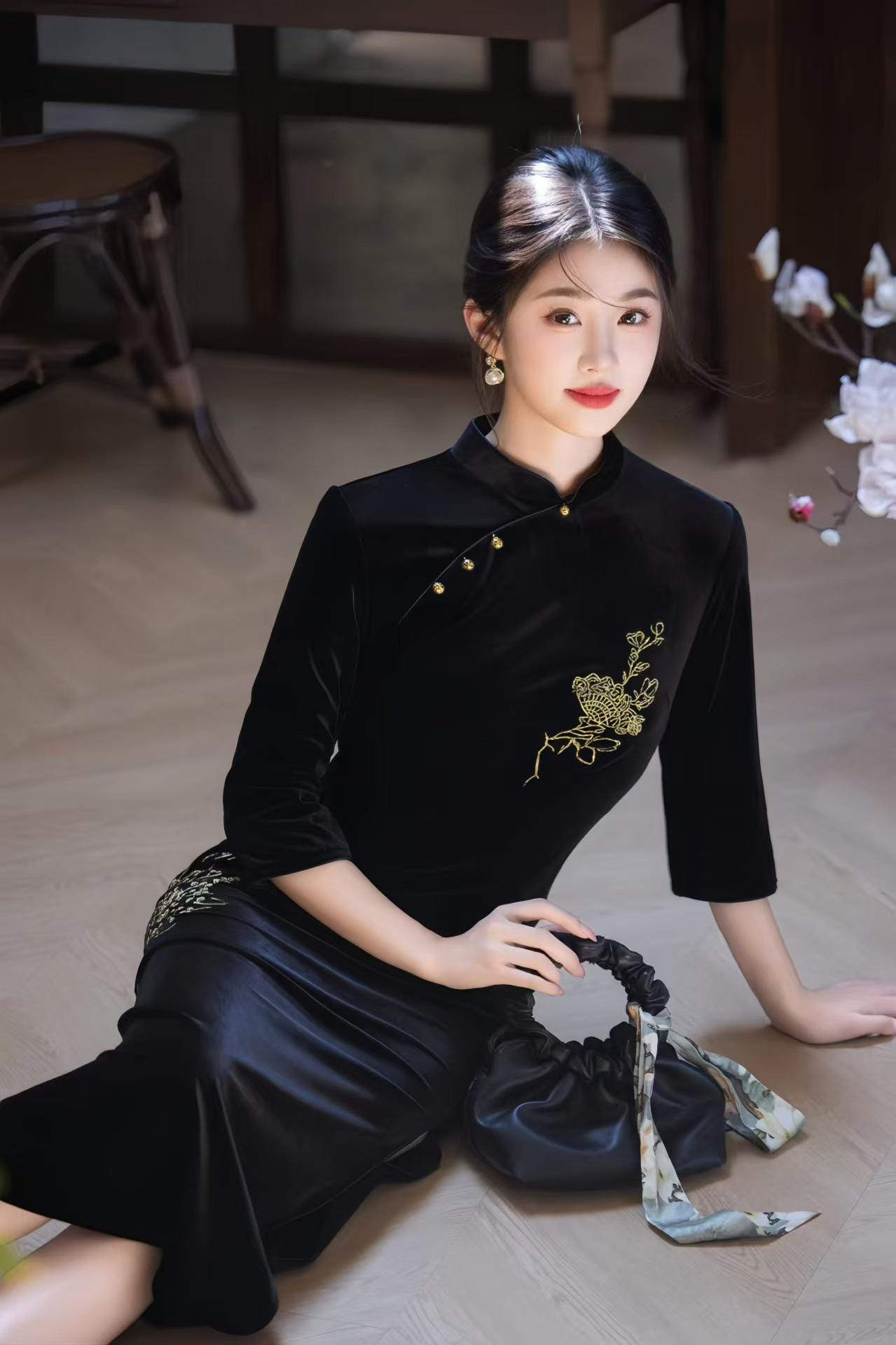 Velvet Embroidered Qipao Dress, Black Cheongsam with Gold Floral Embroidery, Elegant Oriental Midi Dress, Luxury Autumn Chinese Dress