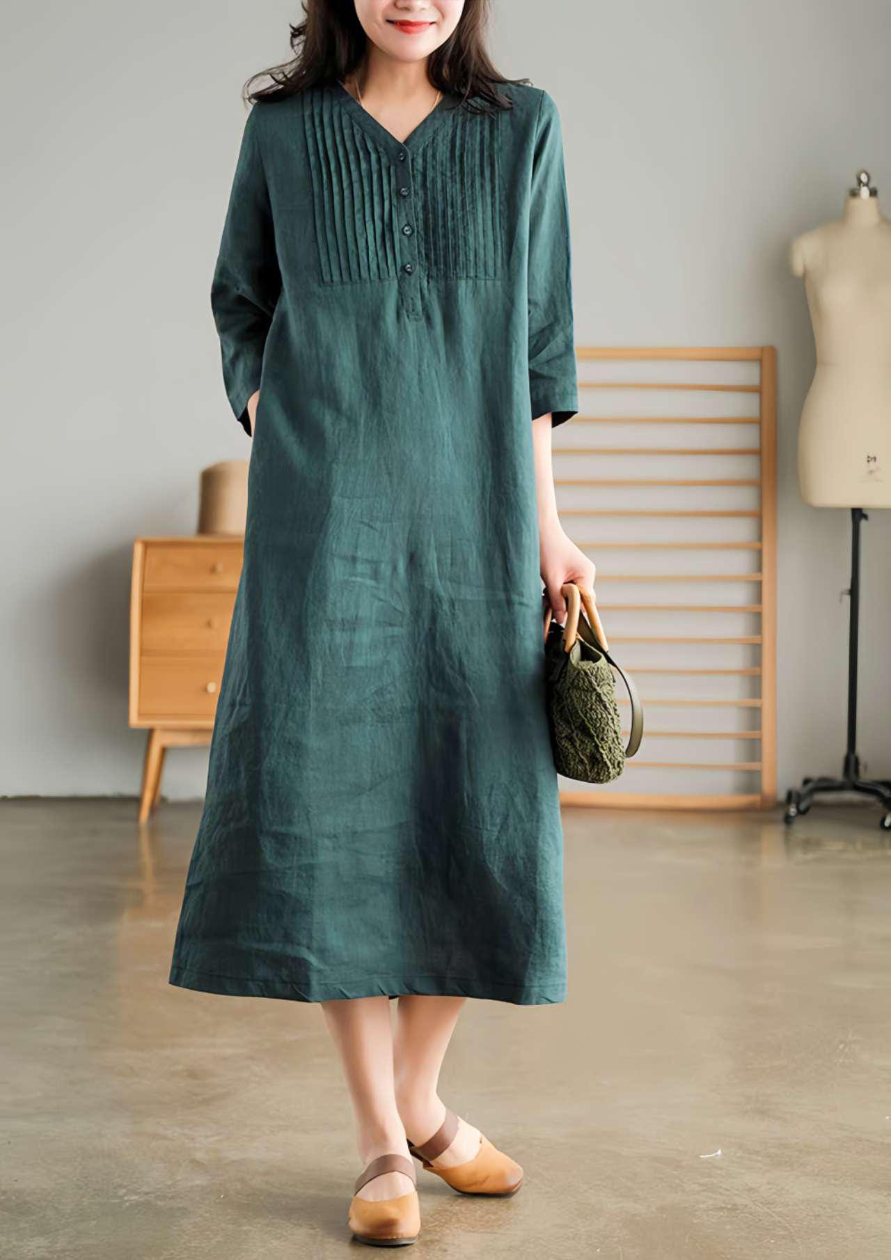 Vestido Plisado de Lino, Vestido Japandi Cuello en V, Ropa Estilo Zen Mori, Vestido de Tejido Natural, Vestido Suelto, Inspiración Japonesa