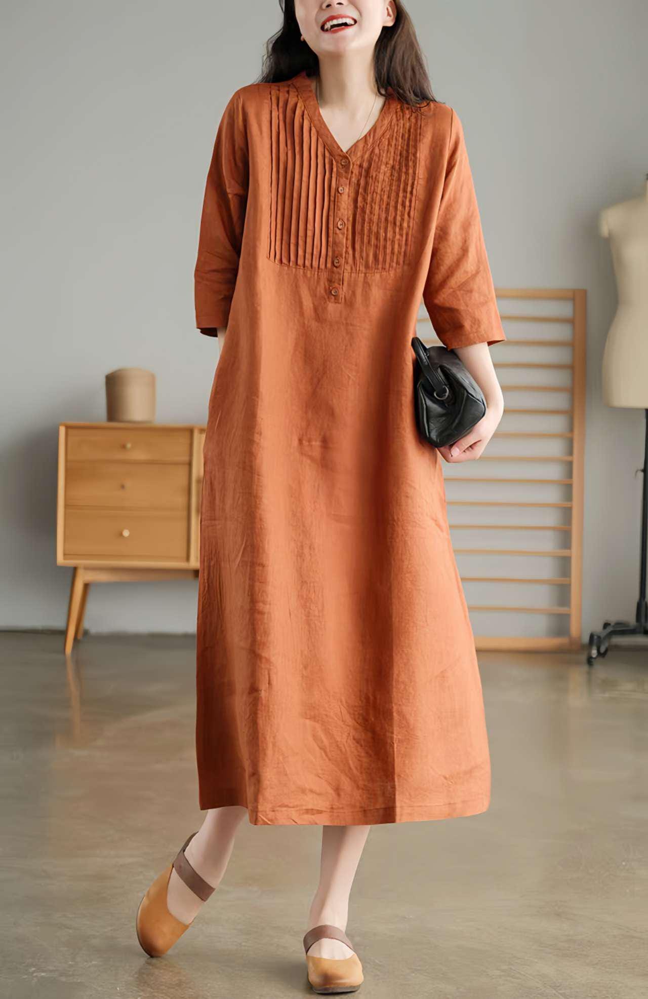 Vestido Plisado de Lino, Vestido Japandi Cuello en V, Ropa Estilo Zen Mori, Vestido de Tejido Natural, Vestido Suelto, Inspiración Japonesa