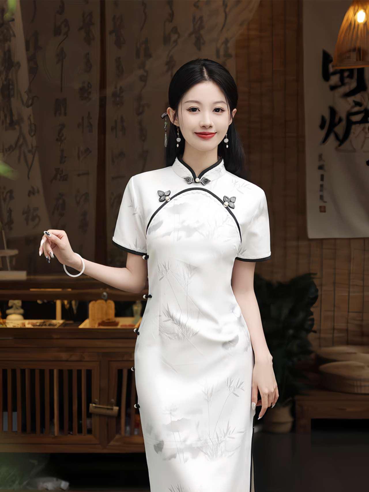 Paisaje Arte Cheongsam Vestido,Blanco Qipao,Vestido Chino para la Ceremonia del Té, Hanfu Estilo Maxi Cheongsam,Estilo Asiático Zen Vestido