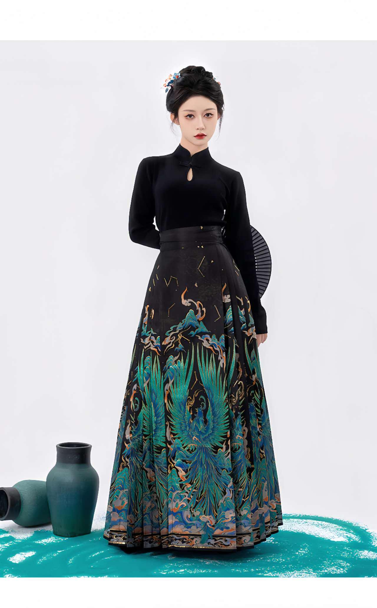 Falda Hanfu Pájaro Mítico, Maxi Falda China, Falda Plisada Cintura Alta, MaMianQun Estampada,Elegante Conjunto Festival,Hanfu Estilo Antiguo