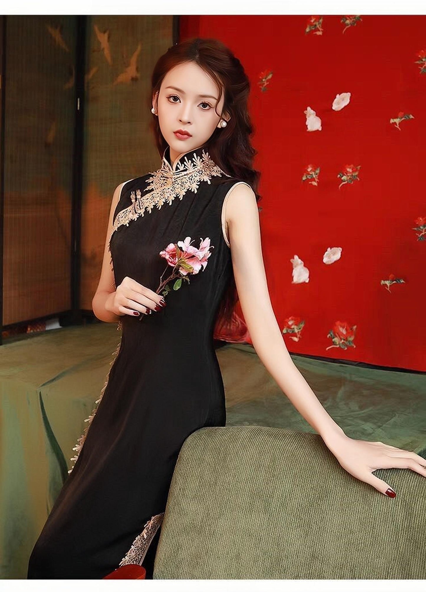 vestido qipao negro,vestido largo tradicional chino, Cheongsam estilo Shanghái retro, vestido asiático sexy,Vestido Vintage para Té