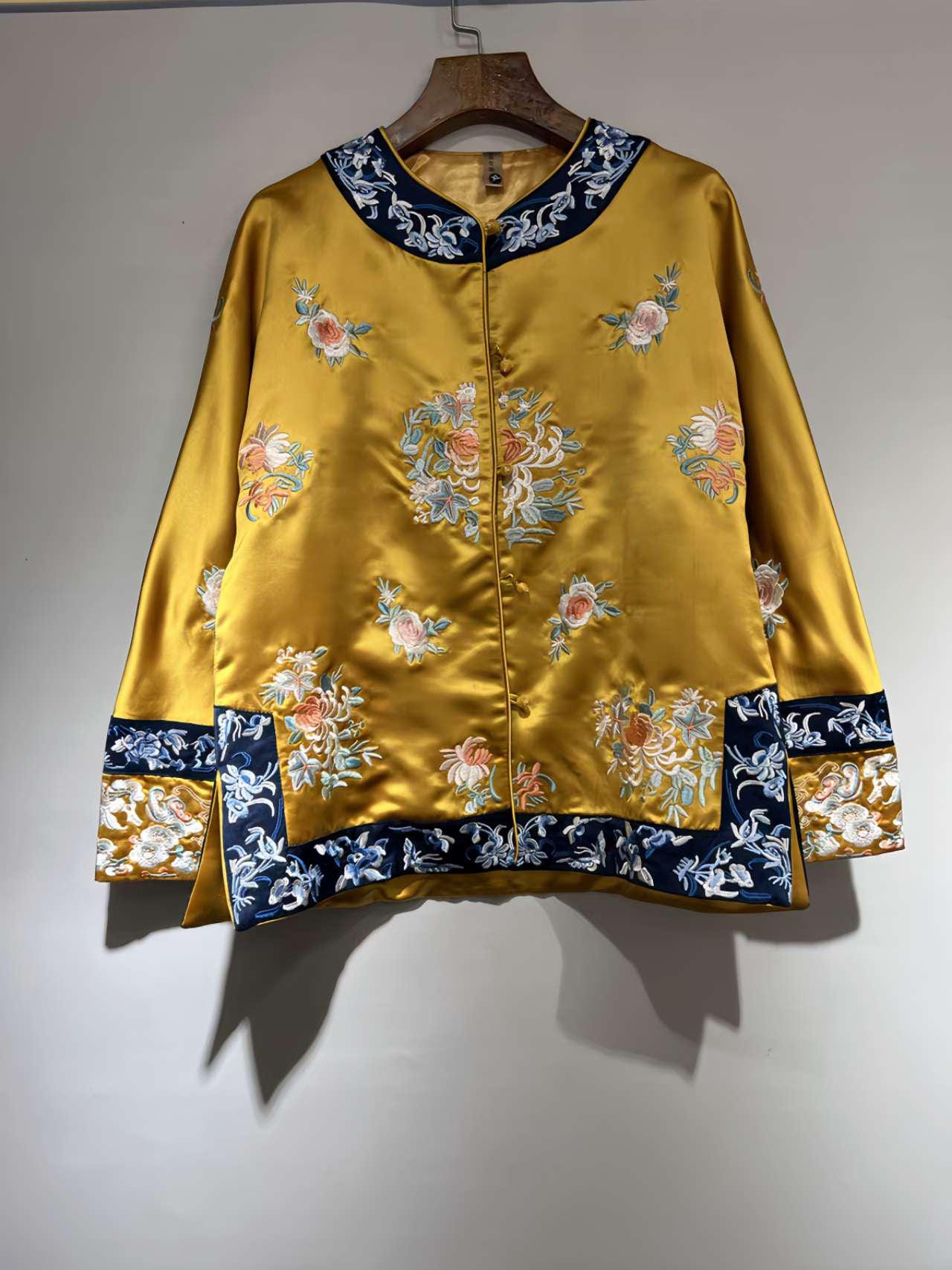 Gold Embroidered Jacket, Chinese Tang Suit Jacket, Vintage Oriental Blouse, Elegant Chinese Top, Yellow Coat, Oriental Party Clothing