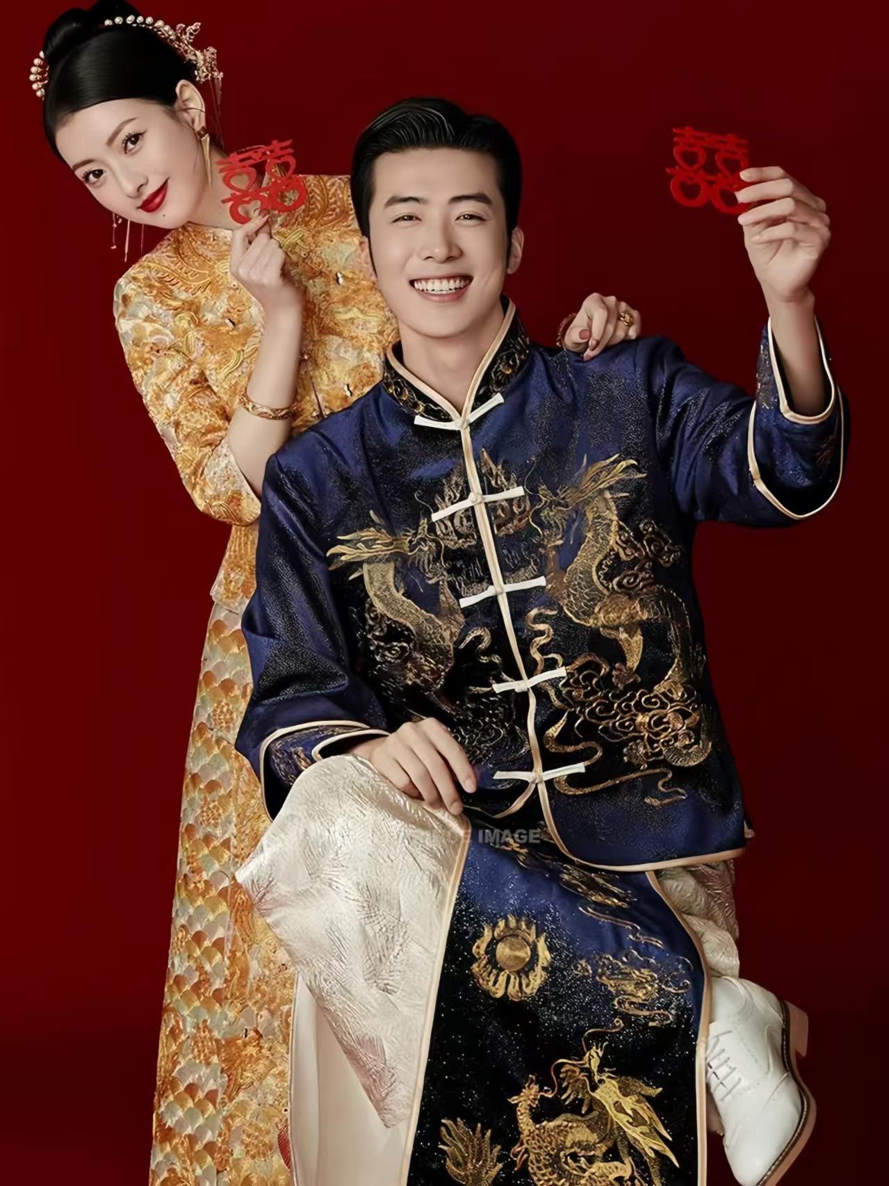 Traje de Novio Boda China, Bata Bordada Dragón Fénix, Chaqueta Tang,Traje Tradicional Hanfu,Ceremonia de Té de Boda,Look de Compromiso Chino