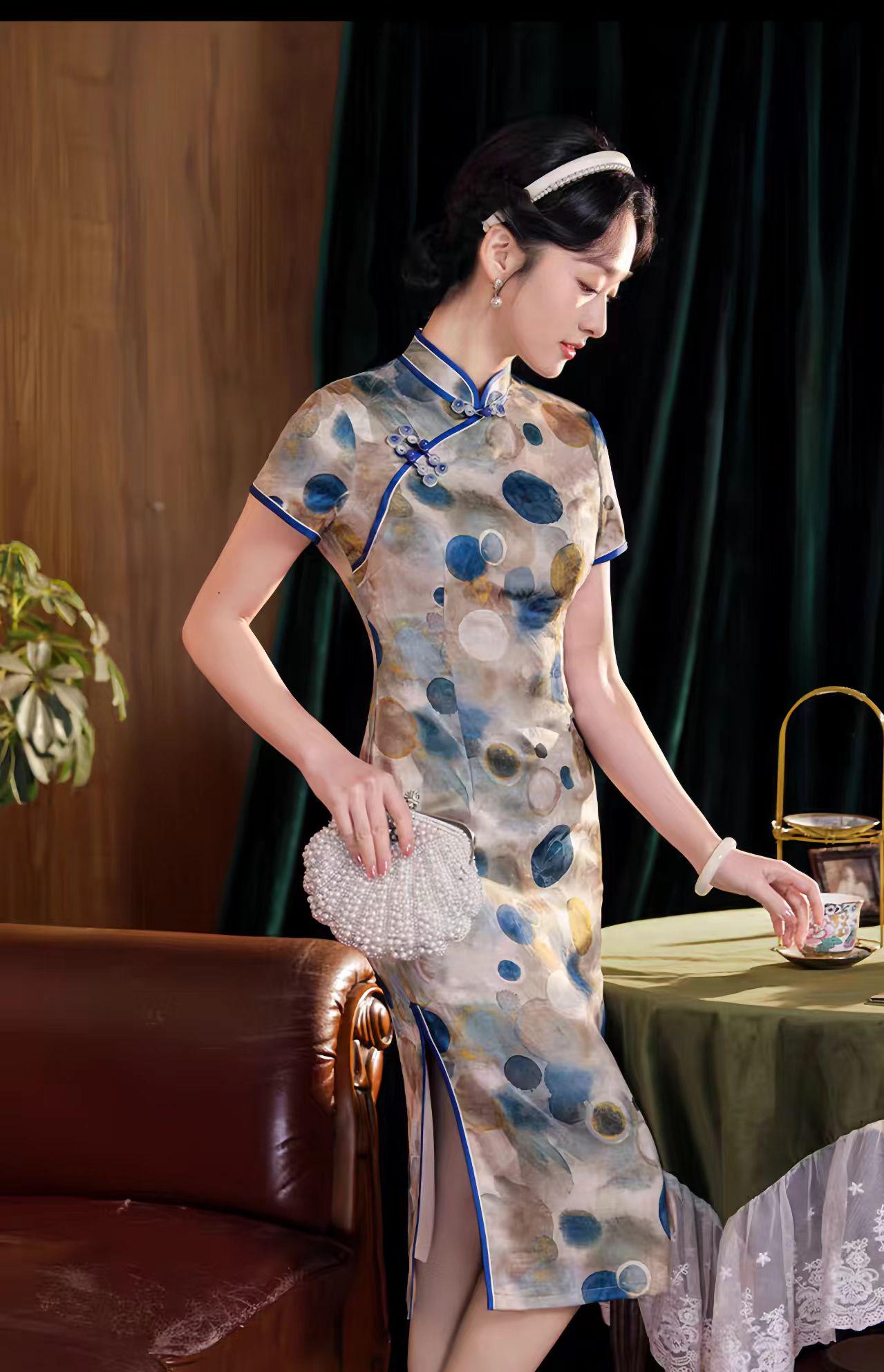 Vestido Qipao de Lunares, Vestido Chino Vintage de Lunares, Qipao Chic de Oficina, Vestido Estilo Asiático Moderno, Qipao Clásico para Mujer
