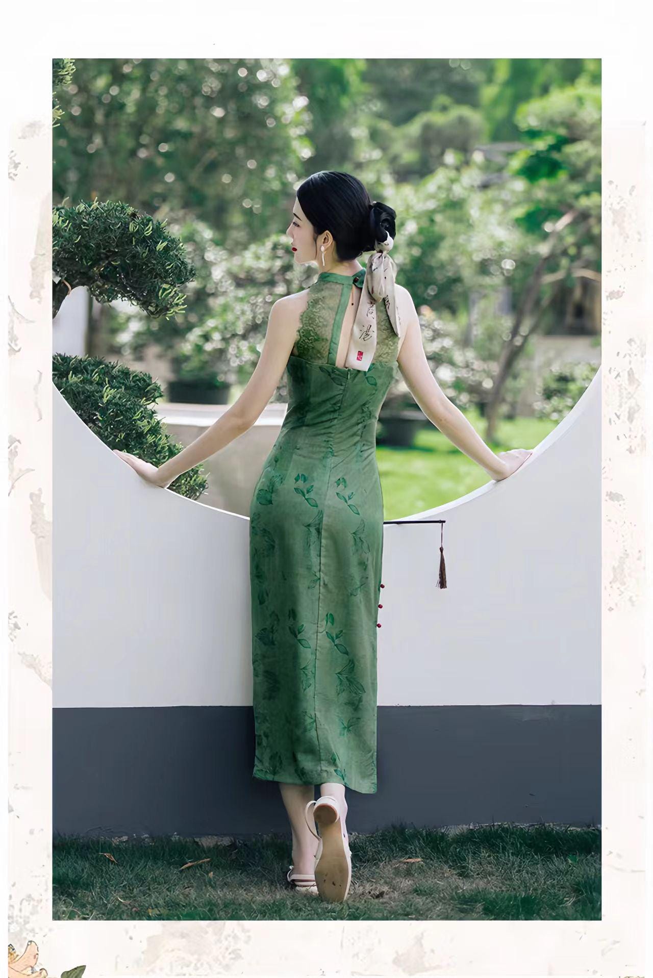 Elegante Conjunto de Vestido Qipao Verde, Conjunto Cheongsam Chino de Dos Piezas, Cheongsam Moderno para Oficina, Cultural Asian Tea Party