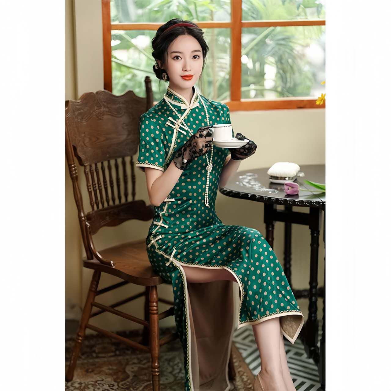 Qipao Vintage de Lunares, Vestido Cheongsam Estilo Francés, Vestido Retro Té Shanghai Verde, Moda Época República de China, tallas grandes