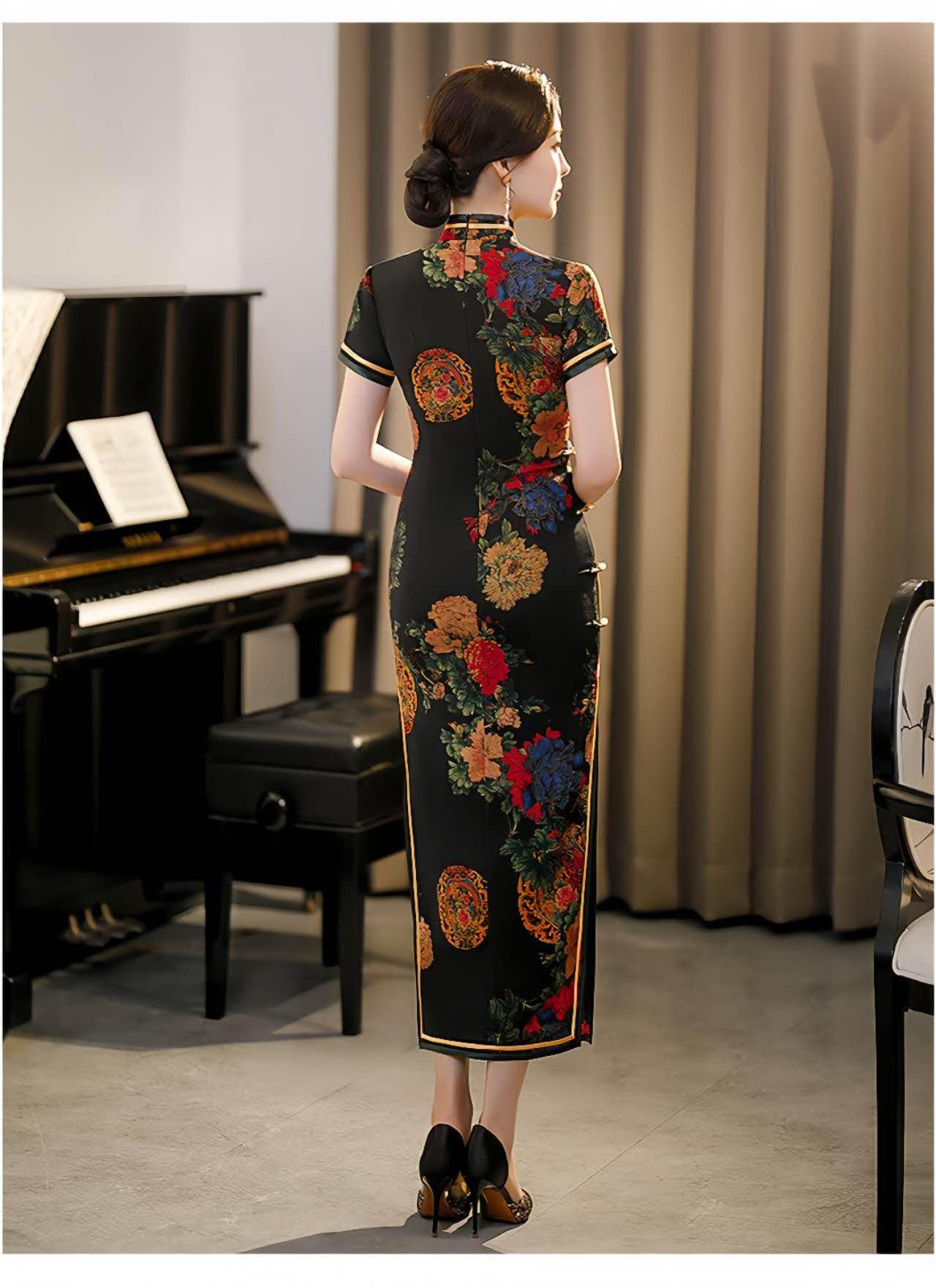 qipao elegante negro, vestido vintage oriental, ropa cheongsam fiesta, Vestido Vintage Elegante para Té, regalo madre elegante, retro, M-4XL