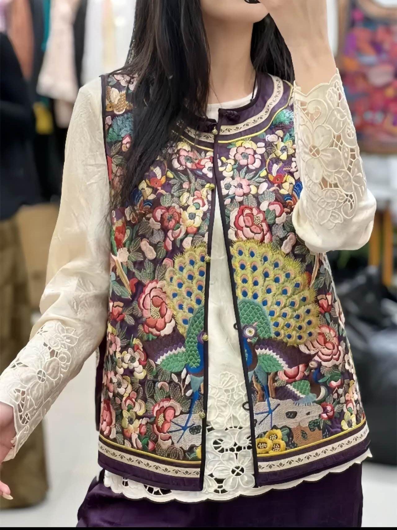 Chaleco Vintage Chino con Bordado Artesanal, Chaleco Estilo Hanfu con Flores y Aves, Regalo Único para Ella, Trabajo diario/Ceremonia del té