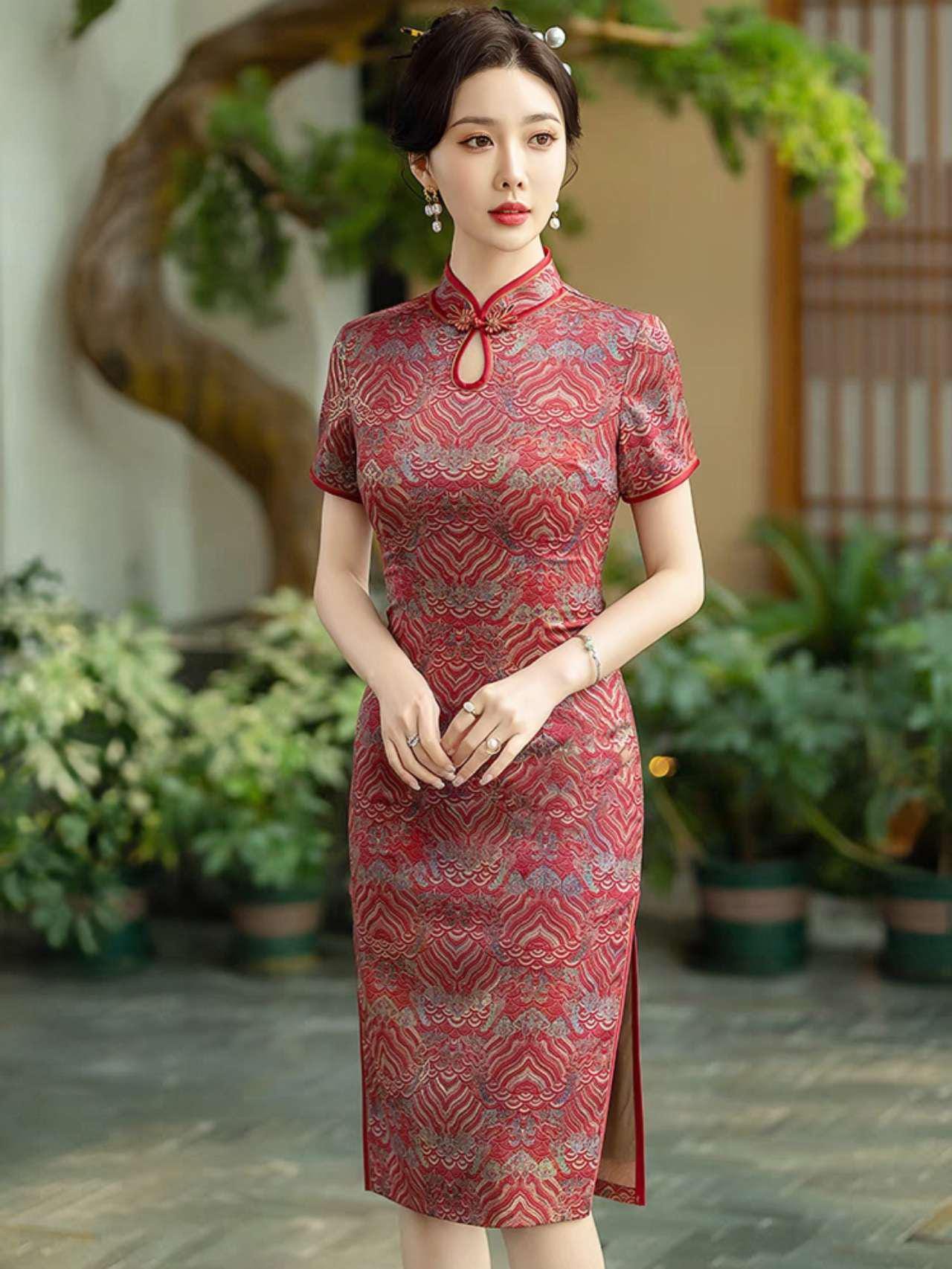 Red Brocade Qipao, Elegant Cheongsam Dress, Vintage Chinese Dress, Oriental Cocktail Dress, Retro Wedding Qipao, Plus Size L-5XL