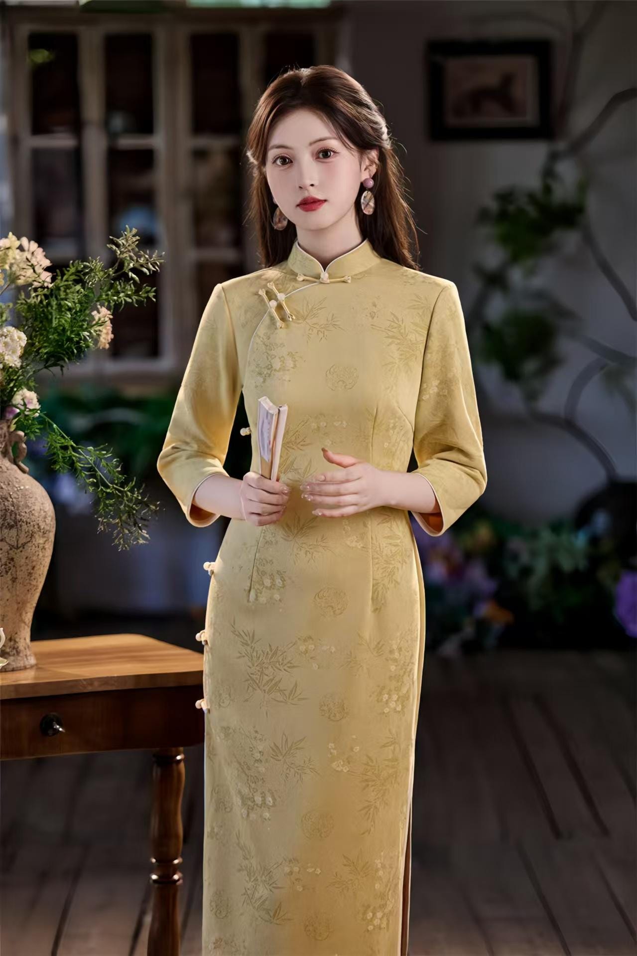Long Cheongsam with Side Buttons, Faux Suede Velvet Qipao, Elegant Traditional Dress, Autumn Chinese Dress, Yellow