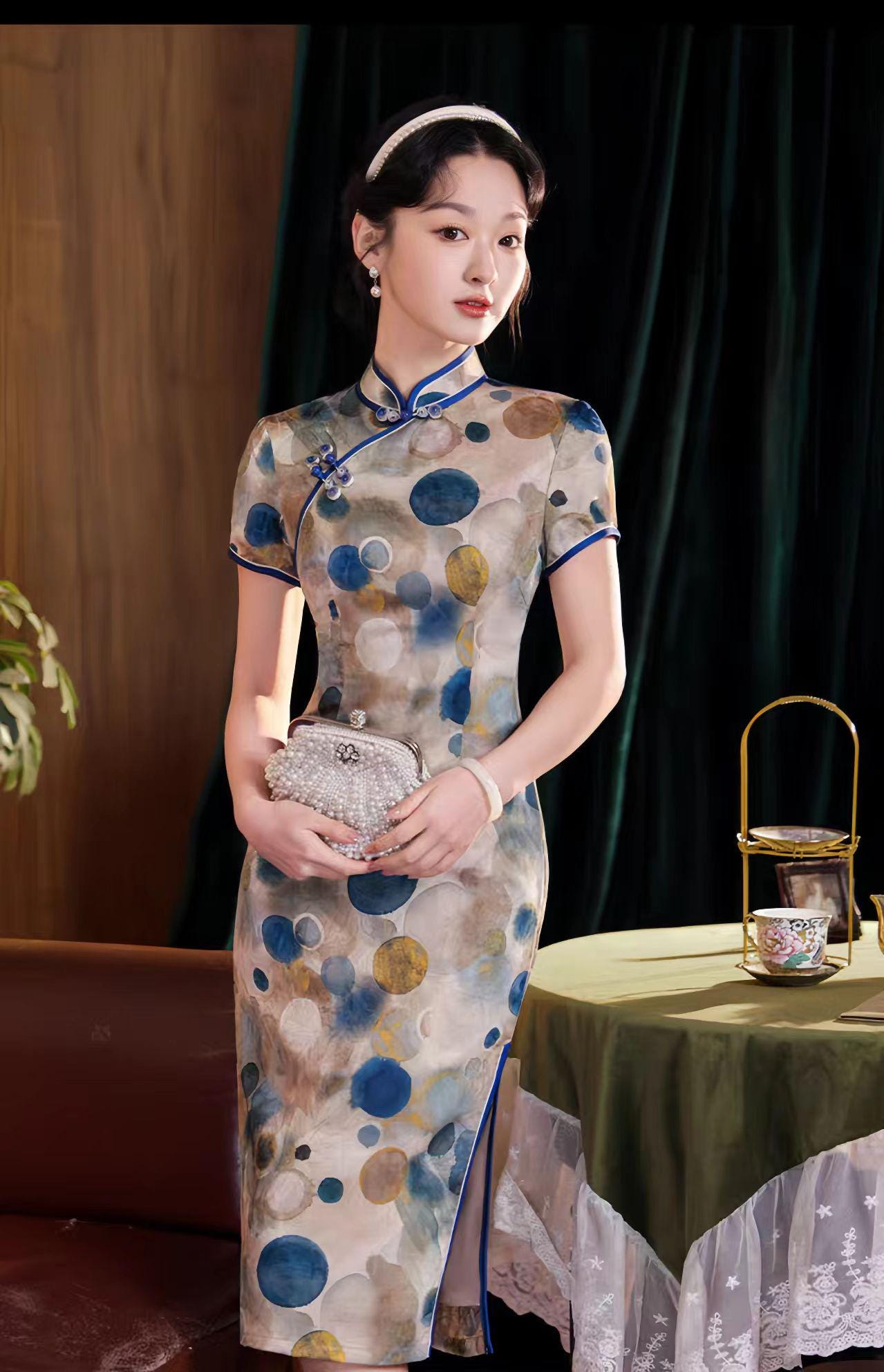Vestido Qipao de Lunares, Vestido Chino Vintage de Lunares, Qipao Chic de Oficina, Vestido Estilo Asiático Moderno, Qipao Clásico para Mujer
