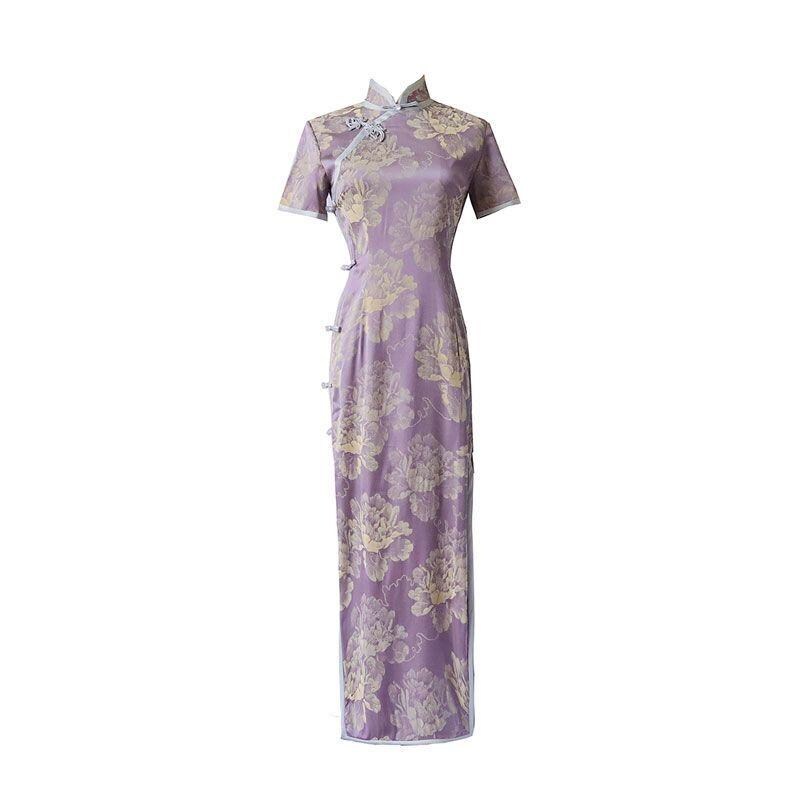Vestido Qipao Jacquard Acetato Lila | Cheongsam morado Chino Retro | Elegante Vestido de Fiesta Oriental | Cheongsam Floral Mujer
