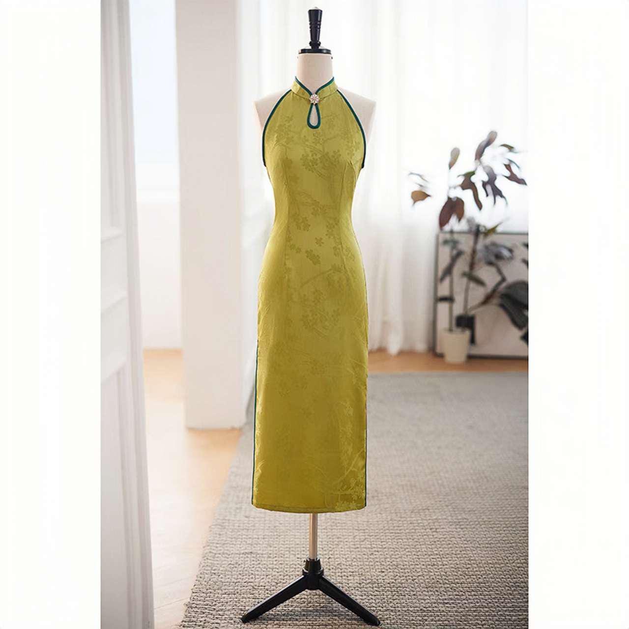 Qipao Verde Halter, Vestido de Brocado Floral Cheongsam, Vestido Chino de Verano, Traje de Invitada de Boda,Vestido Vintage Elegante para Té