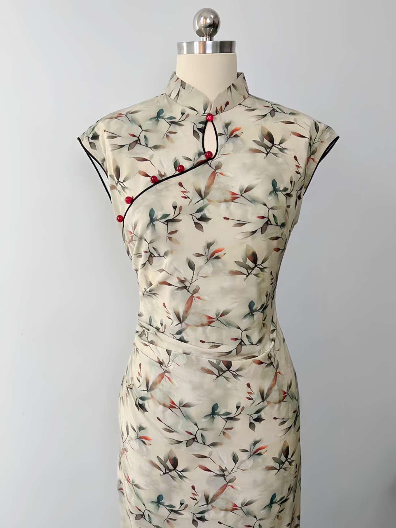 Qipao Floral Tencel, Qipao Oriental Midi, Cheongsam de Hojas de Acuarela, Vestido Tradicional Asiático, Vestido para Ceremonia del Té,regalo