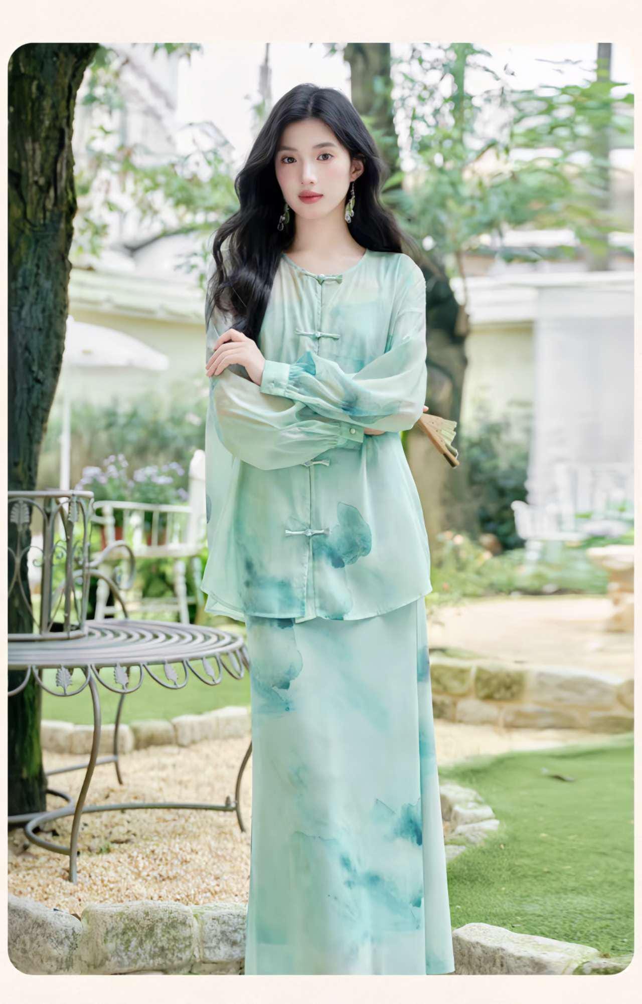 Elegante Conjunto Dos Piezas,Vestido Estilo Zen,Moderno Conjunto Hanfu,Conjunto Verano Oficina,Vestido Asiático Minimalista,Ceremonia del Té